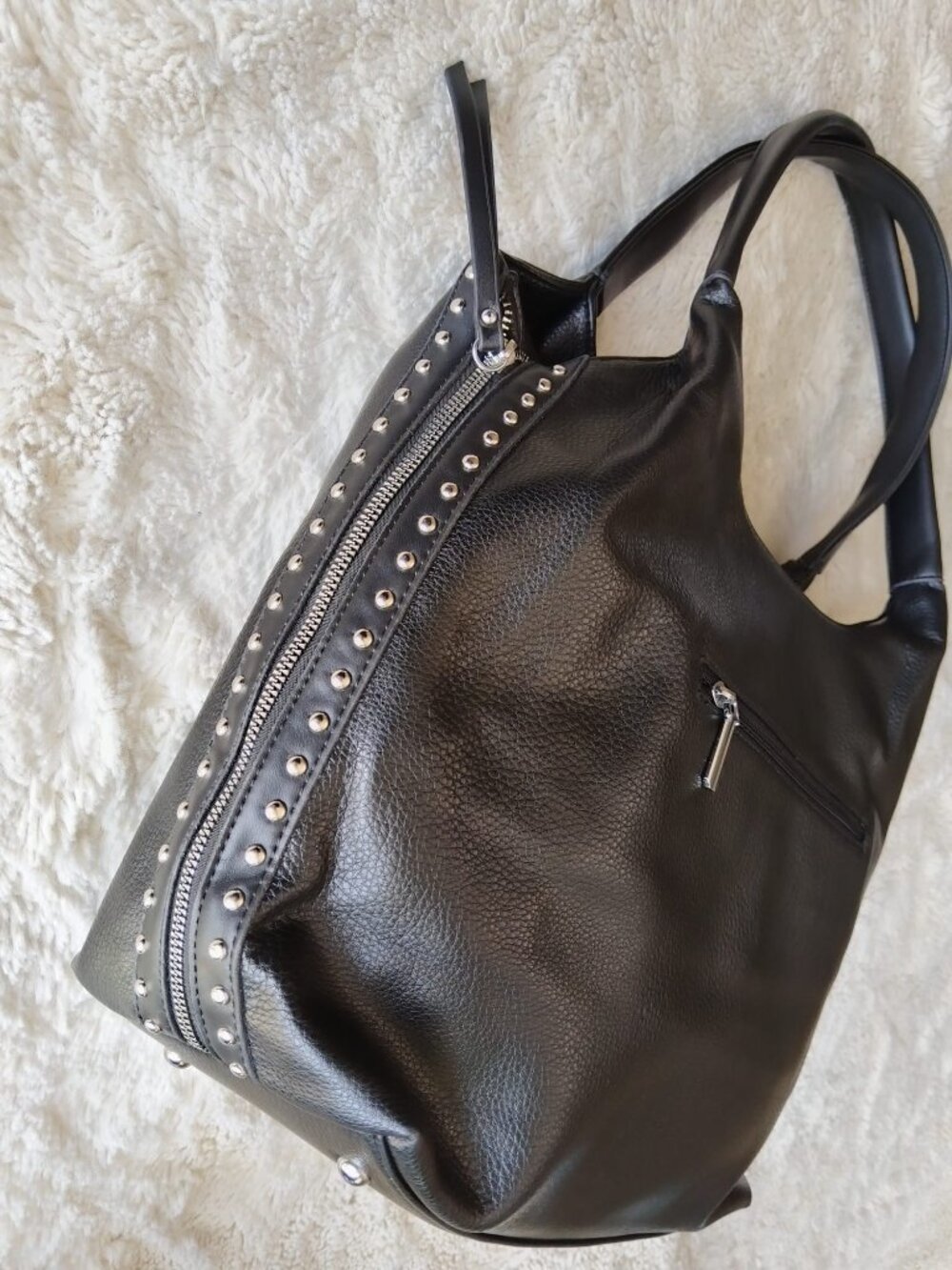 Black Pebble Leather Studded Hobo Bag Shoulder Tote Zipper Accents Edgy Rocker - Picture 9 of 12